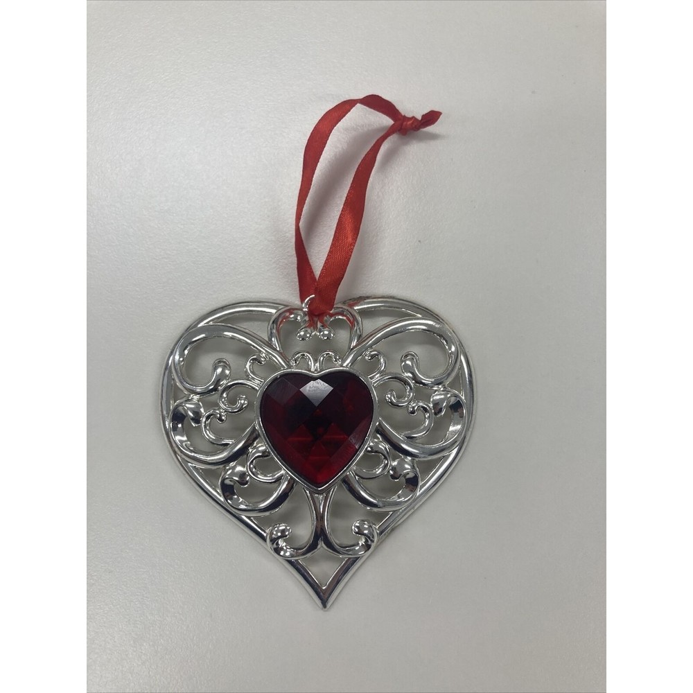 Lenox Christmas Valentines Day Ornament Red Bejeweled Heart Silver Plated